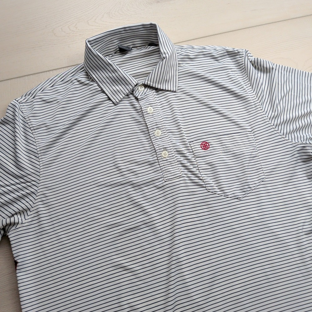 G/FORE Polo Shirt Mens M Striped Golf White Navy Blue Short Sleeve Stretch